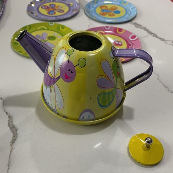 Schylling | Vintage 15 pc Girls Pretend Metal Tea Set Teapot Tray Saucer Cups - Picture 7 of 13